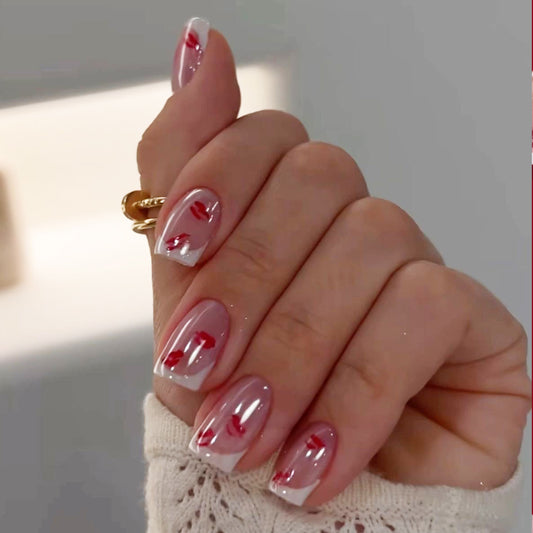 Romantic Blossom Elegant Long Square Pink with Red Accents and Glossy Finish Press On Nail Set