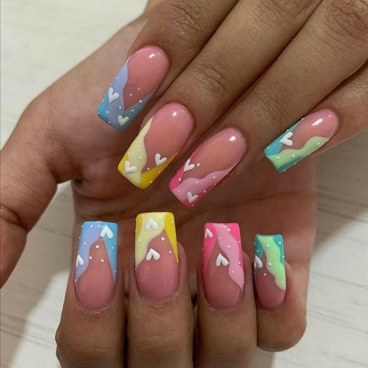 Whimsical Love Heart Colorful Long Square Press On Nail Set