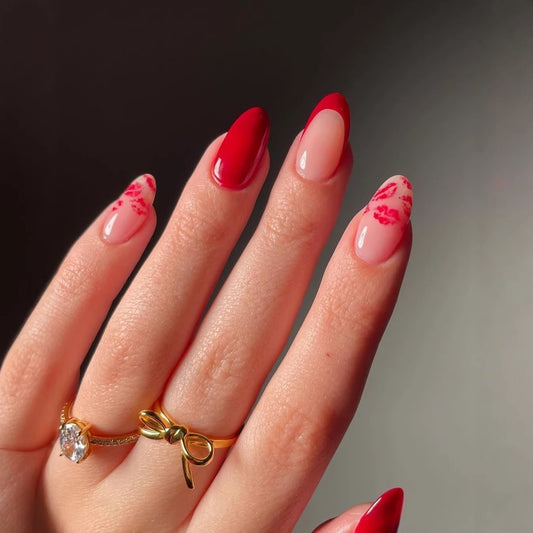 Romantic Kiss Inspired Medium Almond Shaped Red and Beige Nail Set with Charming Lip Print Detail