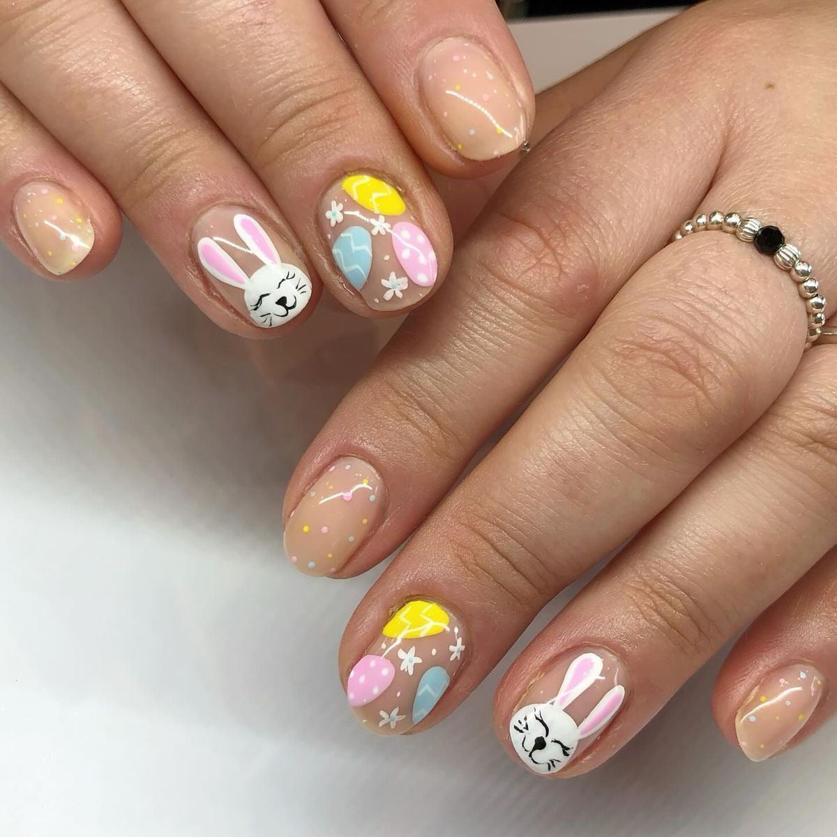 Easter Delight Press On Nail Set Medium Squoval Shape Pastel Colors Adorable Bunny Design