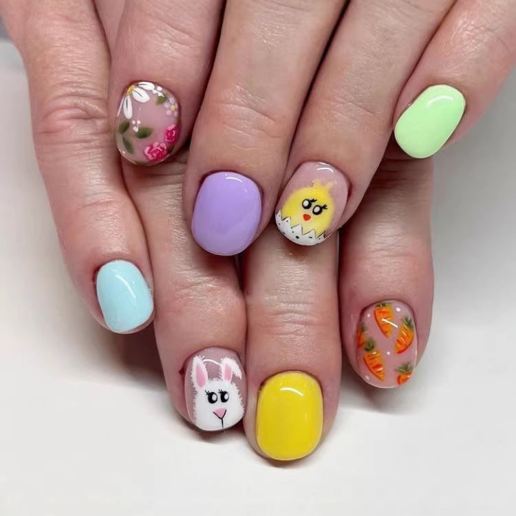 Whimsical Easter Press on Nail Set Short Squoval Pastel Colors Cute Animal and Floral Designs