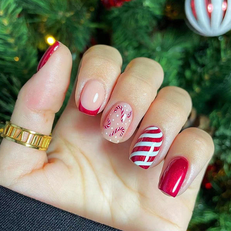 Festive Candy Cane Inspired Short Square Red and Beige Press On Nail Set with Unique Holiday Design