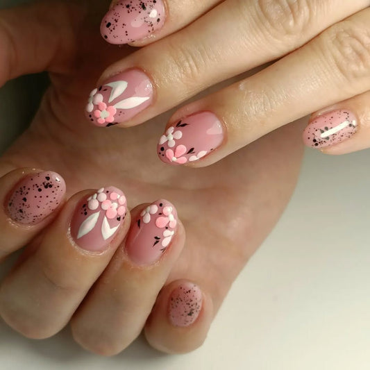 Whimsical Blossom Press-On Nail Set Short Squoval Pink with Floral Accents