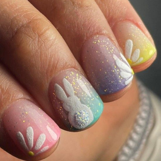 Whimsical Spring Blossom Ombre Short Round Pastel Press On Nail Set with Glittery Bunny Accent