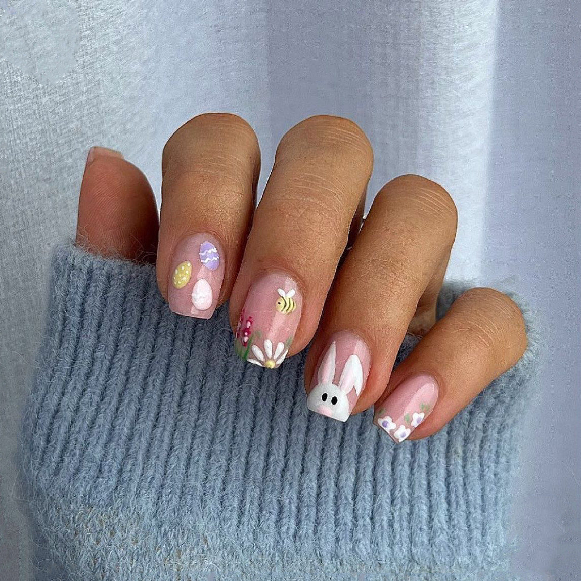 Whimsical Spring Delight Medium Square Pastel Pink with Adorable Bunny and Floral Accents Press-On Nail Set