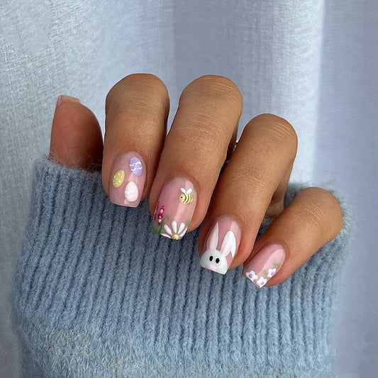 Whimsical Spring Delight Medium Square Pastel Pink with Adorable Bunny and Floral Accents Press-On Nail Set