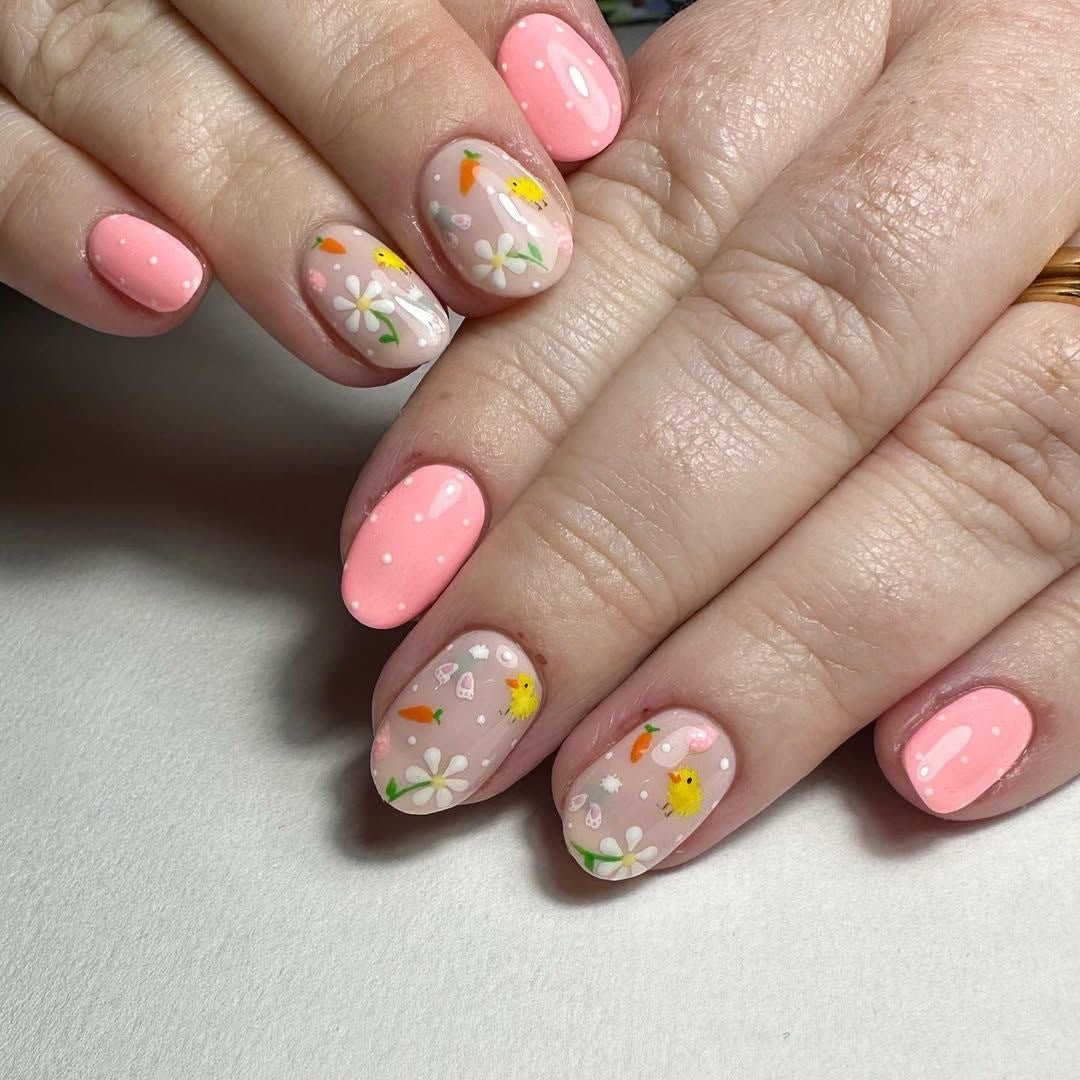 Spring Blossom Medium Oval Pink Floral Press On Nail Set with Whimsical Designs