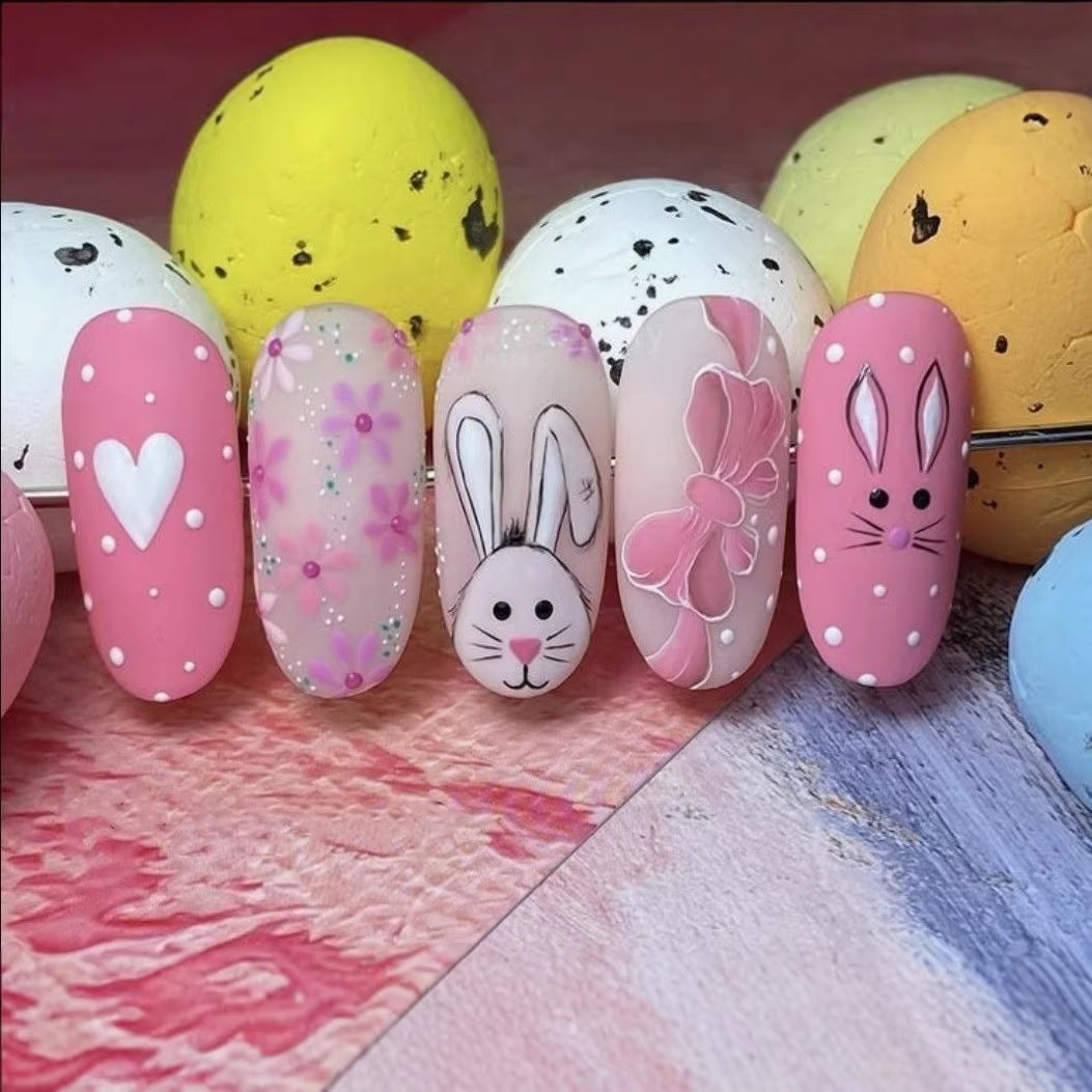 Whimsical Bunny Dreams Medium Oval Pink Nail Set Featuring Cute Floral and Bunny Designs