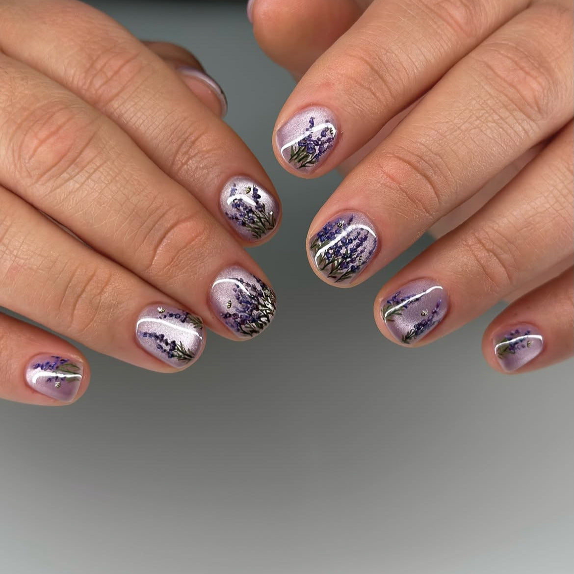 Lavender Blossom Medium Squoval Press On Nail Set with Floral Design and Shimmer Finish