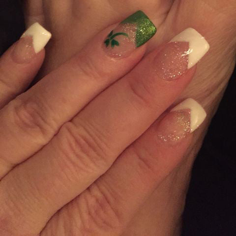 Whimsical Green Charm Medium Square White and Sparkling Glitter Tips with Unique Leaf Design Press on Nail Set