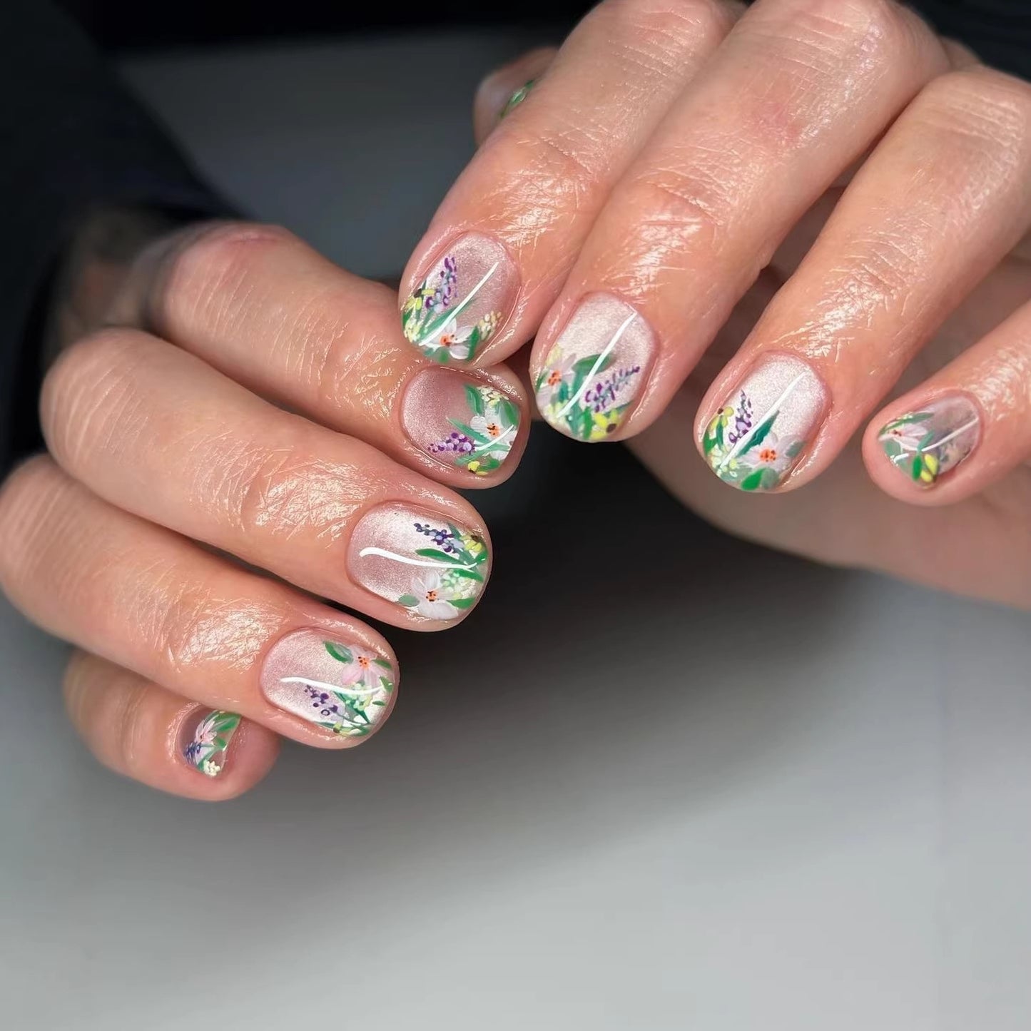 Floral Serenity Short Squoval Clear with Vibrant Botanical Art Press On Nail Set