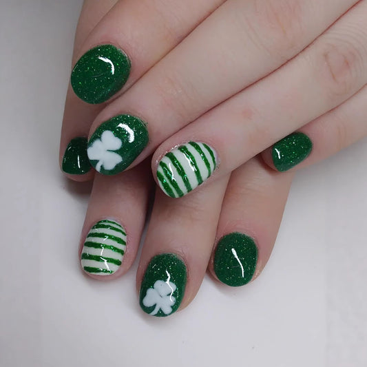 Luck-Inspired Short Squoval Green Glitter Press-On Nail Set with Shamrock and Striped Design