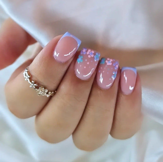 Whimsical Blossoms Elegant Short Square Pastel Pink with Floral Accents Nail Set