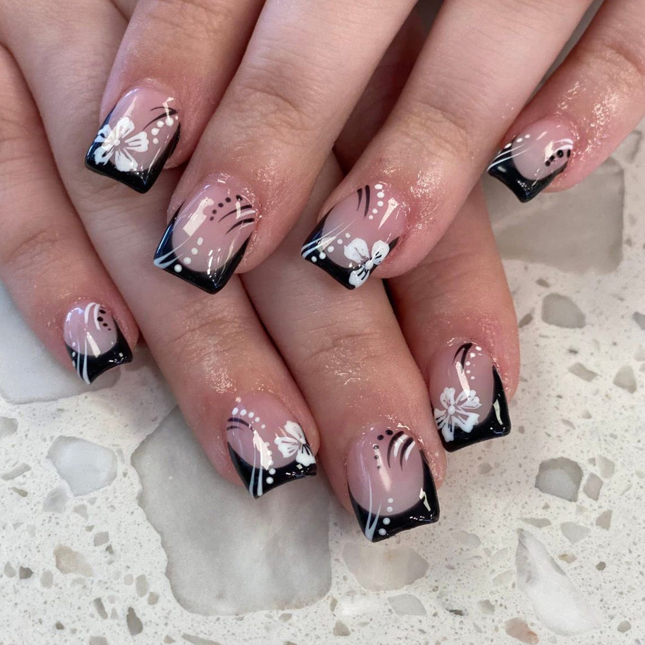 Botanical Elegance Medium Square Pink with Black Tips and Delicate Floral Design Press-On Nail Set