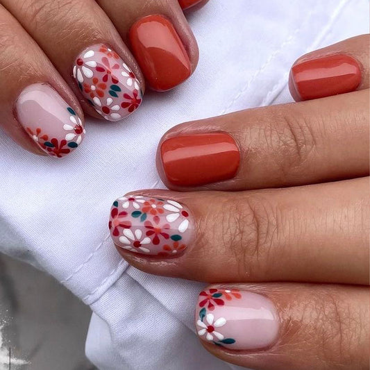 Whimsical Floral Inspiration Short Square Coral with Charming Flower Accents Press On Nail Set