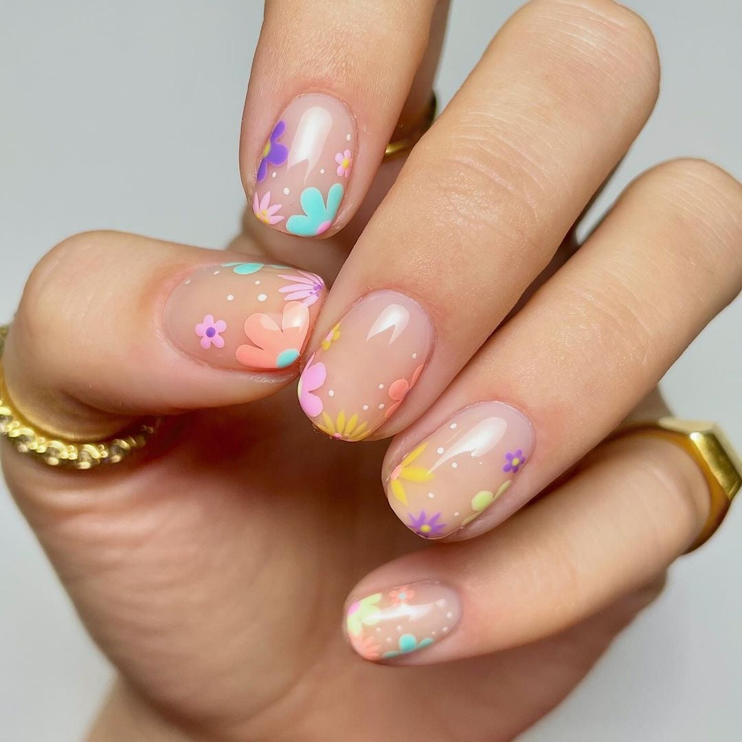 Blossom Garden Short Square Natural Beige with Colorful Floral Accents Press On Nail Set