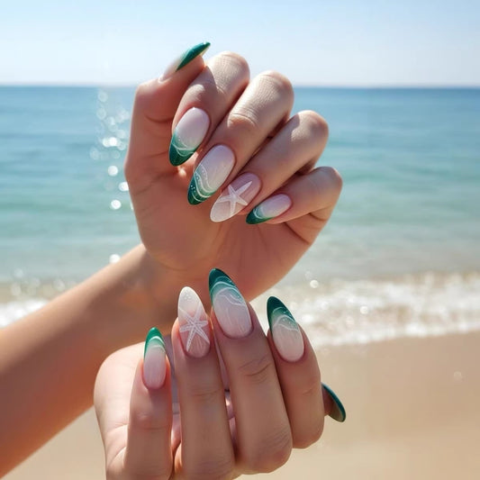 Beach Vibes Elegant Long Almond Shape Green and White Gradient with Starfish Accent Press On Nail Set