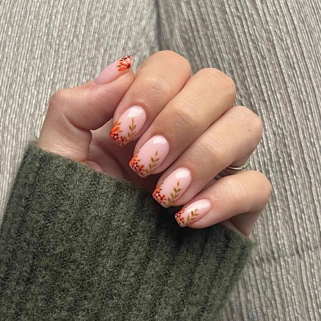 Autumn Bliss Medium Square Pink with Floral Accents Press On Nail Set