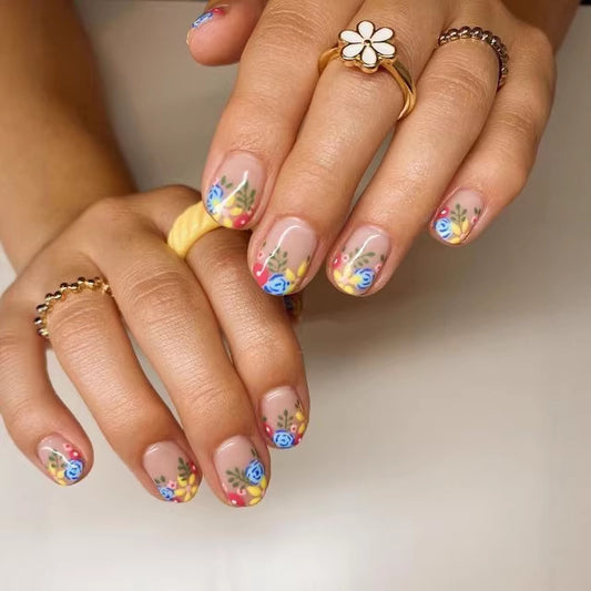 Whimsical Garden Short Squoval Pastel Pink Floral Design Press On Nail Set