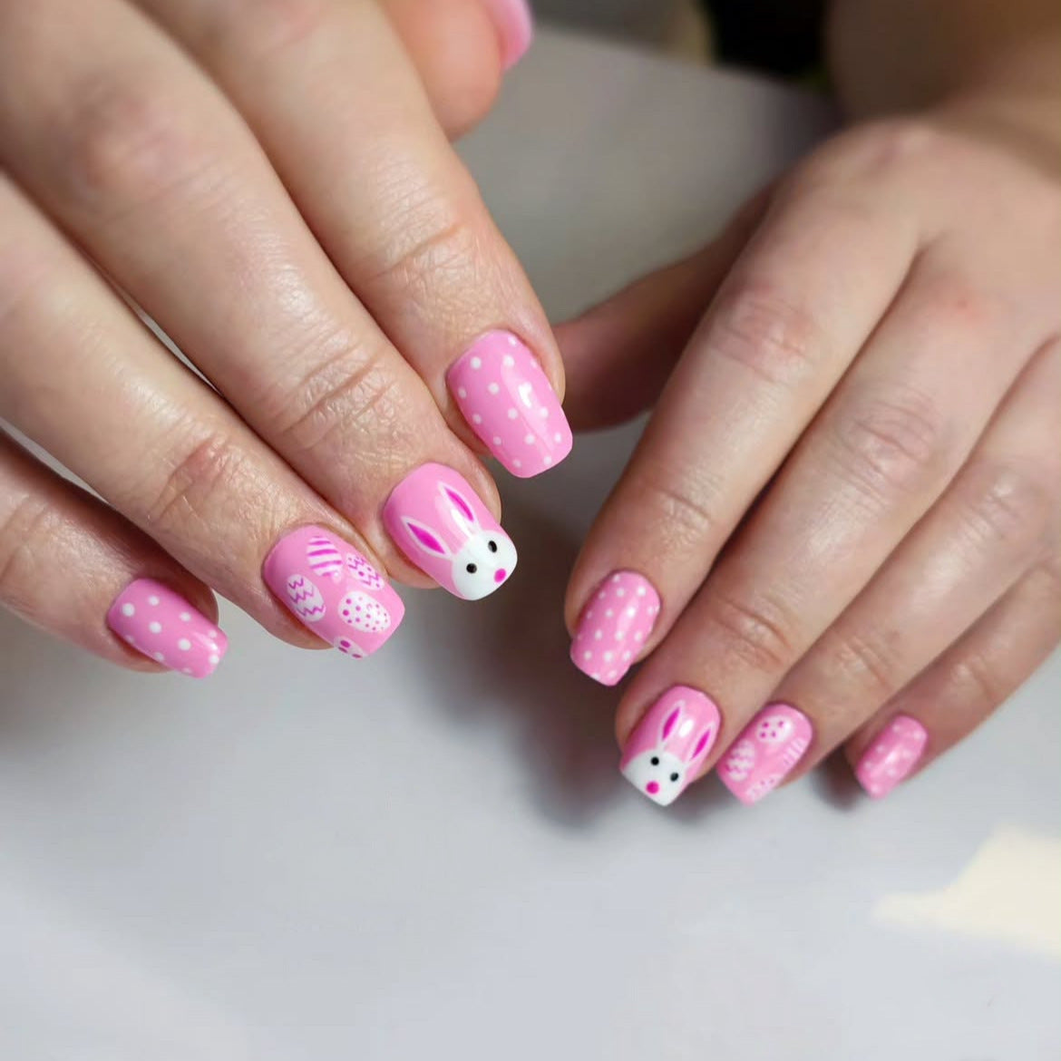 Springtime Delight CharmingMedium Square Pink Nails with Adorable Bunny Designs