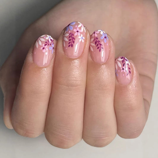 Blossom Bliss Short Oval Pink Floral Press On Nail Set with Elegant Handcrafted Design