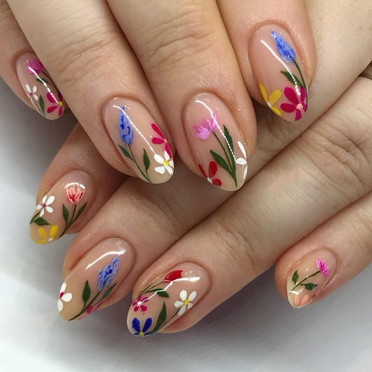 Floral Fantasy Long Almond Shaped Natural Beige Press On Nail Set with Vibrant Hand-Painted Designs