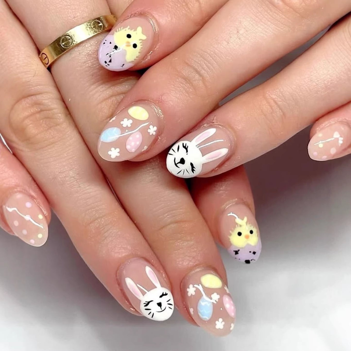 Whimsical Springtime Long Almond Pastel Press On Nail Set Featuring Cute Bunny and Chick Designs