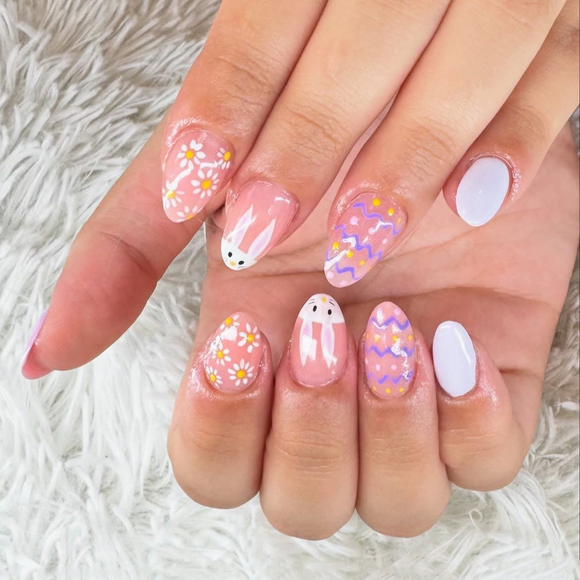Bunny Blossom Dreamy Long Almond Pink Pastel Floral and Whimsical Design Press On Nail Set