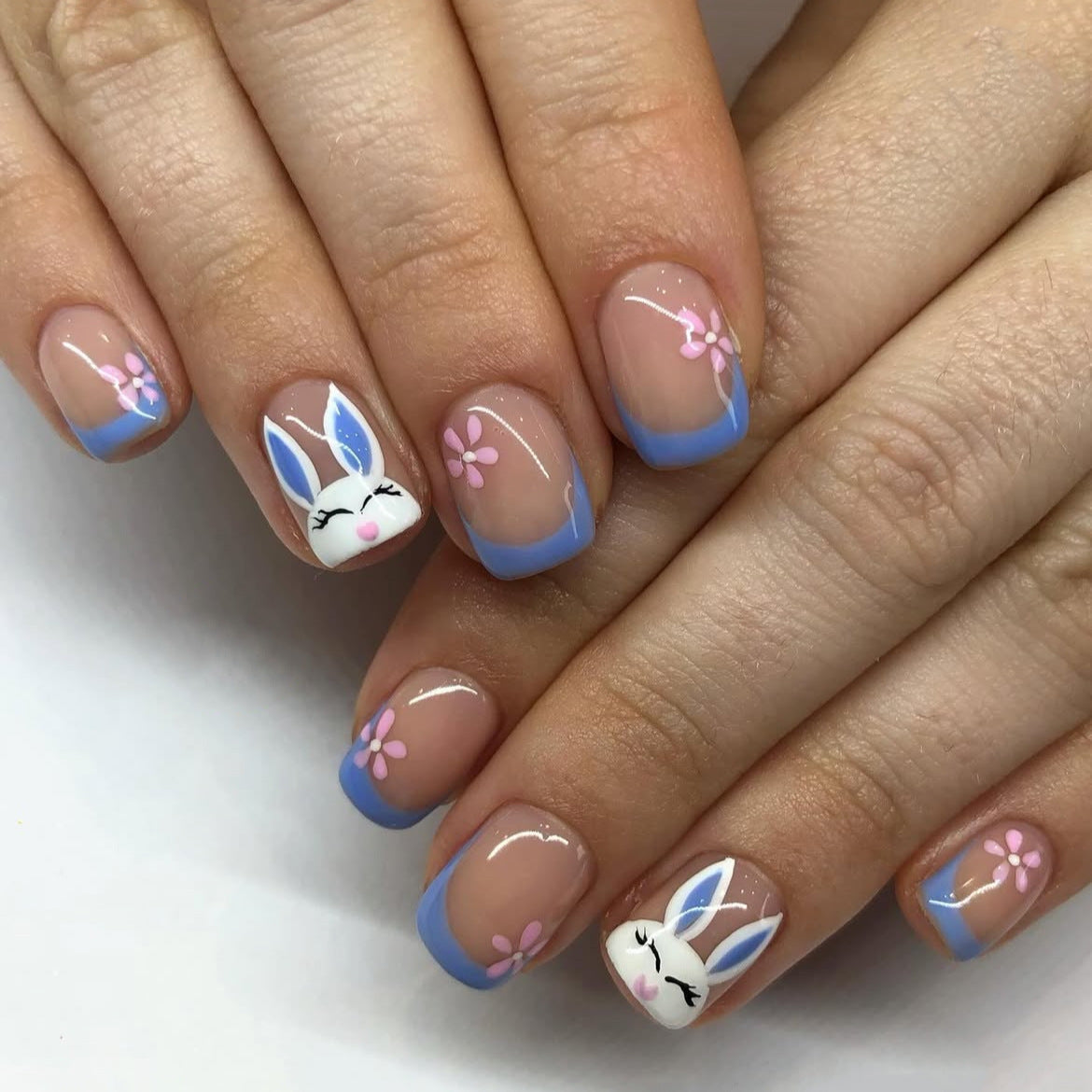 Charming Bunny Themed Short Square Press On Nail Set in Short Blue with Playful Floral and Adorable Bunny Design