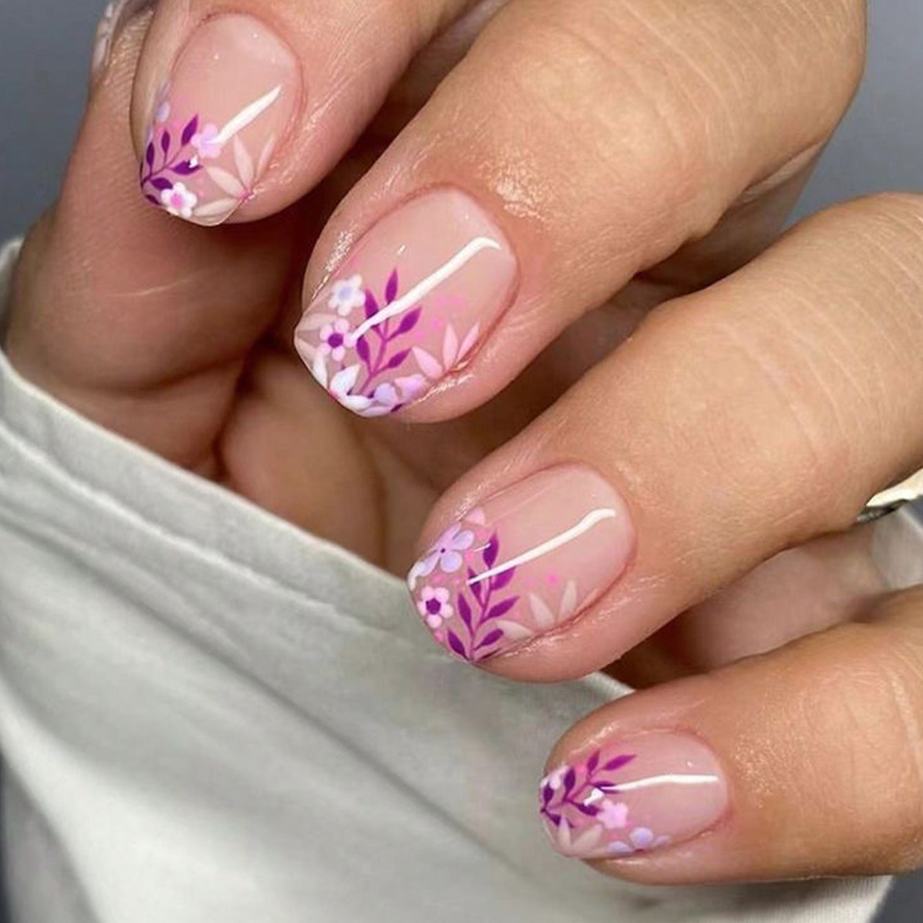 Whimsical Blossom Press On Nail Set Short Square Soft Pink with Charming Floral Art Design