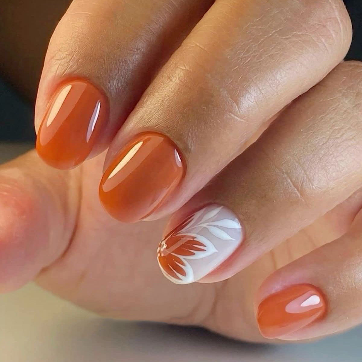 Autumn Elegance Glossy Short Squoval Orange with Floral Accent Press On Nail Set