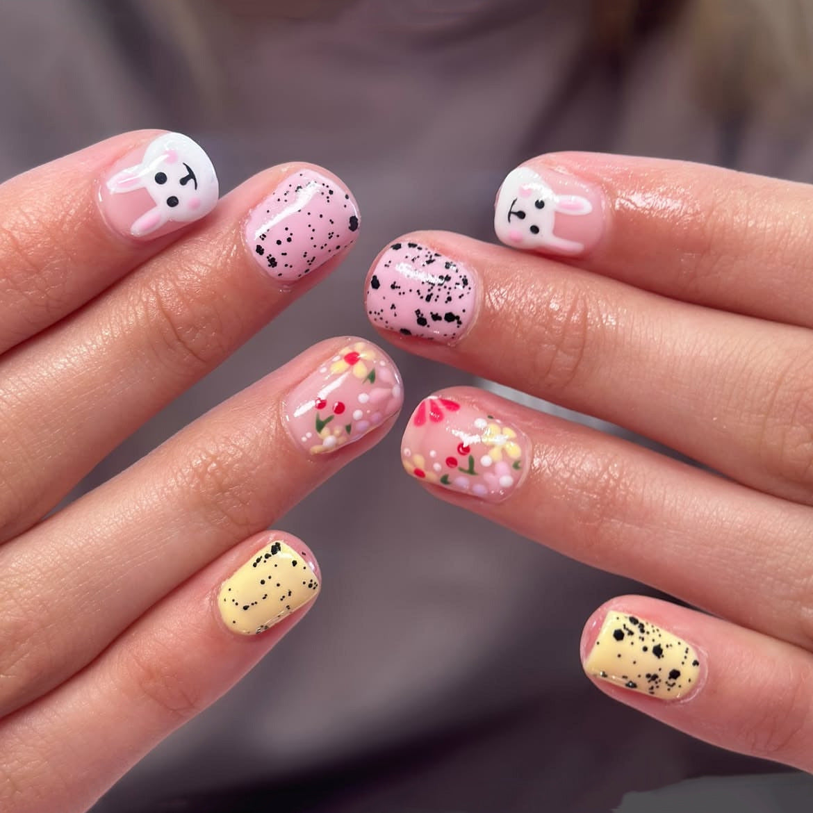 Bunny Blossom Delight Short Squoval Pastel Pink with Whimsical Floral Accents