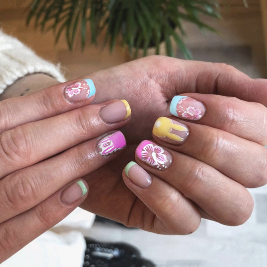 Floral Garden Short Square Pastel Multi-Colored Press-On Nail Set with Hand-Painted Designs