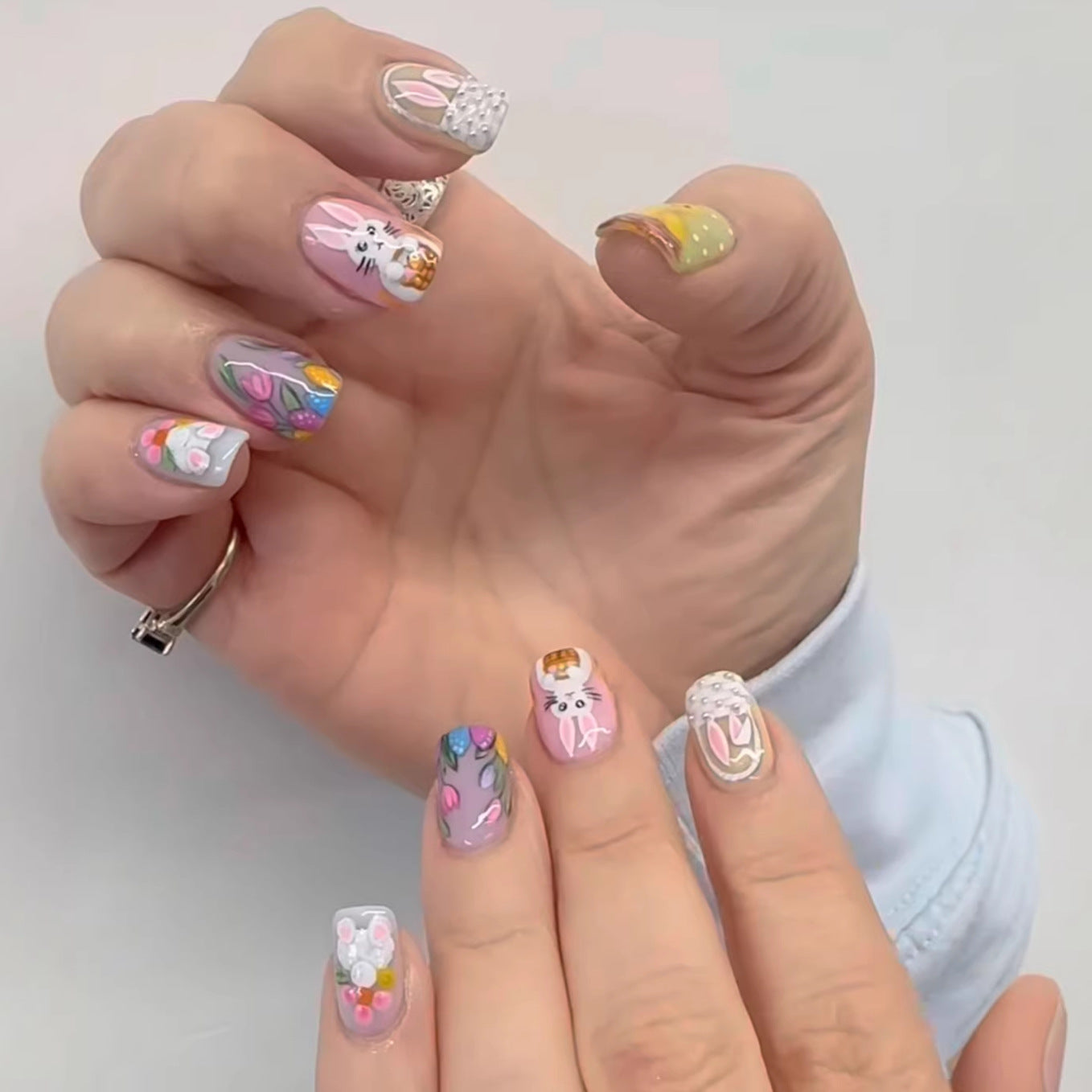 Whimsical Spring Floral Press On Nail Set Medium Square Pink with Adorable Bunny Designs and Charming Pastel Accents
