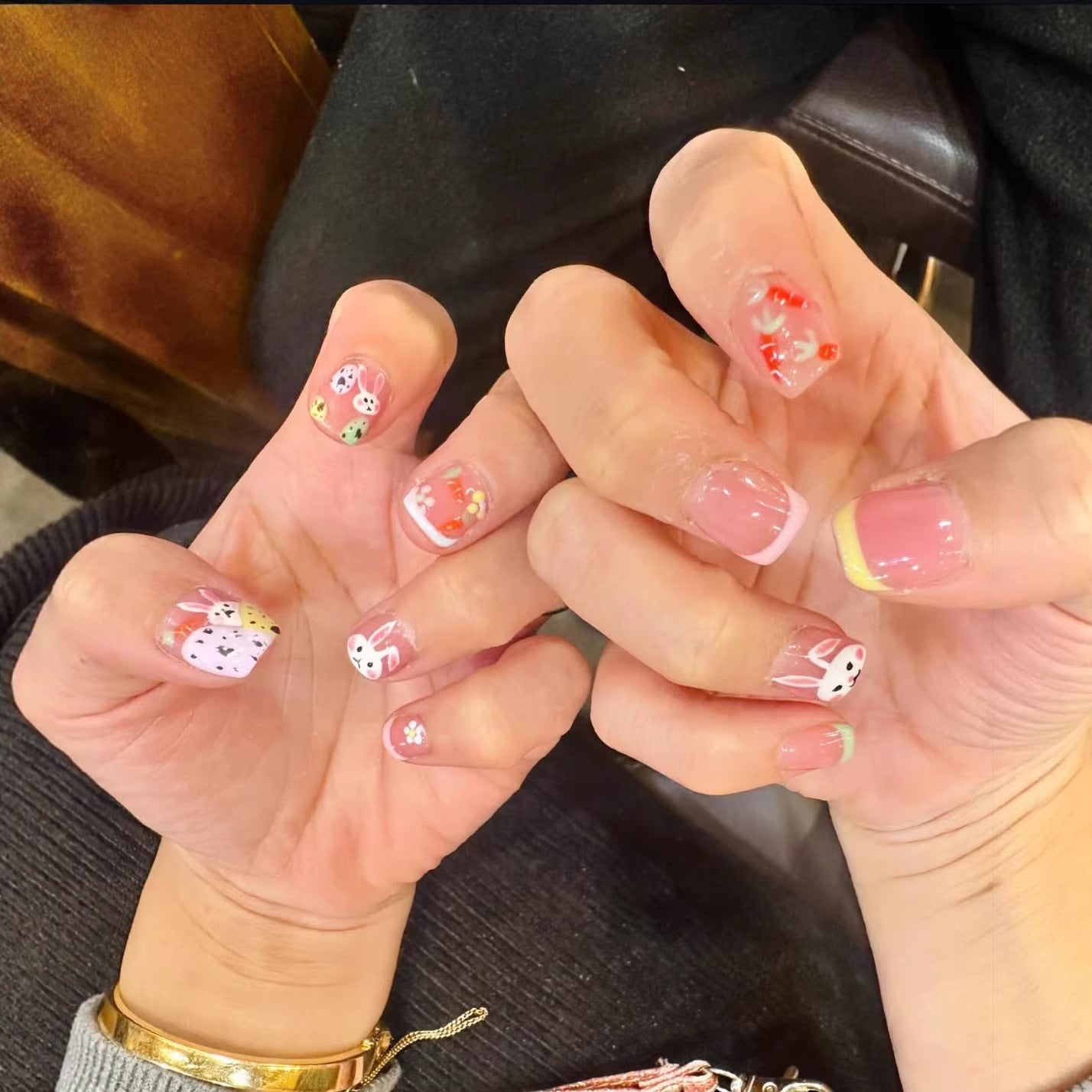 Whimsical Garden Medium Square Pink Pastel with Floral and Bunny Designs Press-On Nail Set