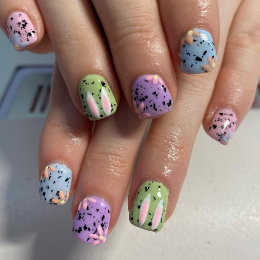 Whimsical Spring Short Square Pastel Multi-Color Press On Nail Set with Adorable Floral Patterns