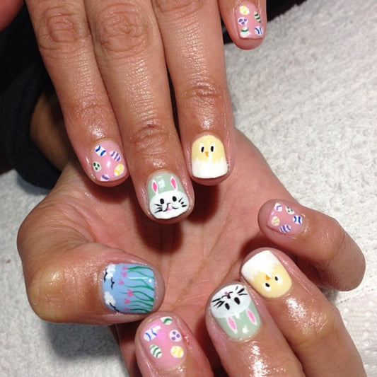 Easter Wonderland Short Square Pastel Press On Nails with Adorable Bunny and Chick Designs