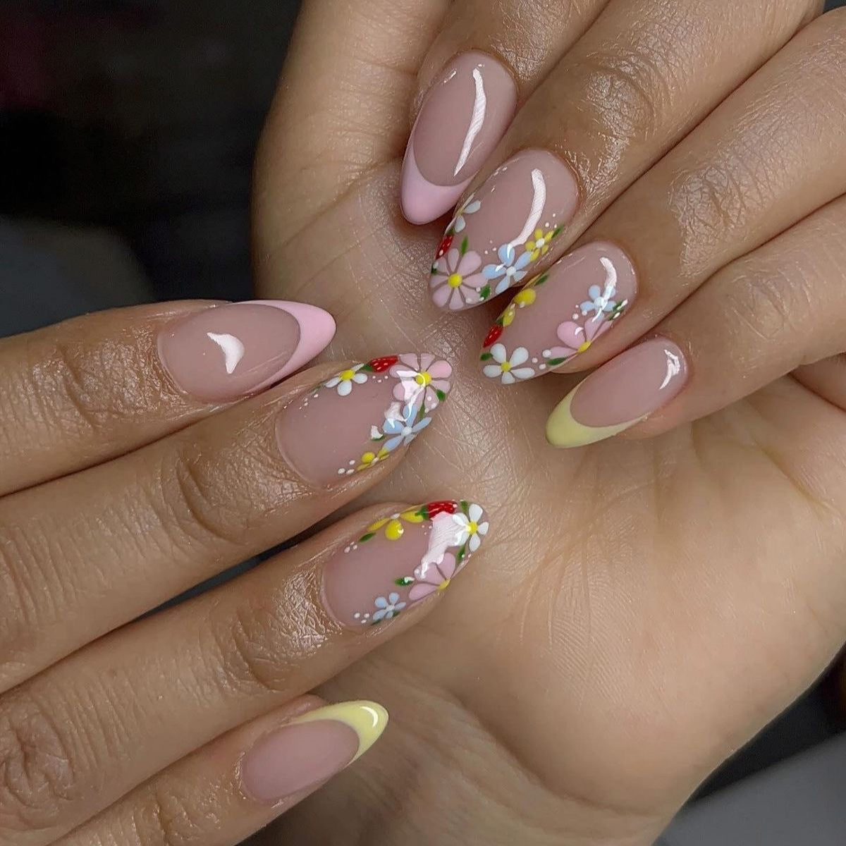 Floral Fantasy Medium Almond Shaped Beige and Pastel Colored Press On Nail Set with Vibrant Flower Accents
