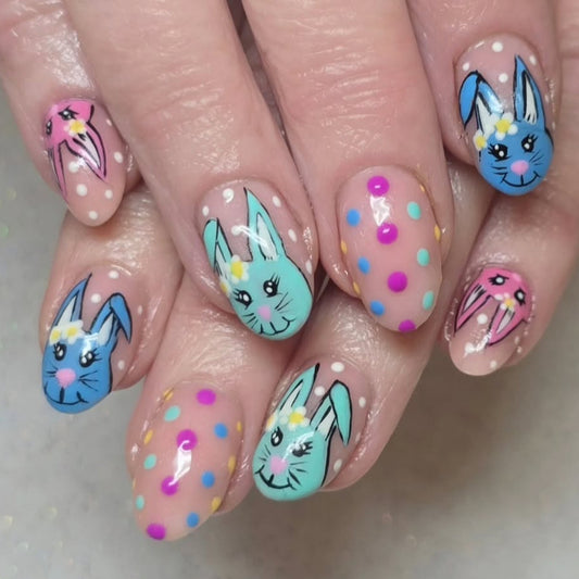 Bunny Wonderland Colorful Medium Oval Press On Nail Set with Adorable Rabbit Designs