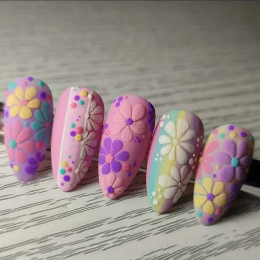 Floral Whimsy Medium Almond Shaped Pastel Color Matte Finish Press On Nail Set