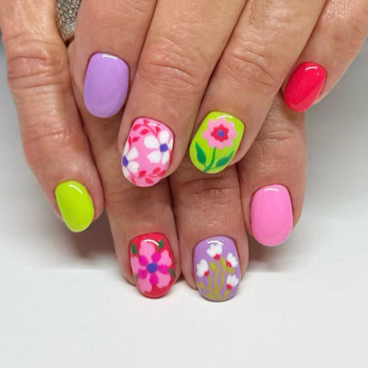 Botanical Bliss Vibrant Short Round Multi-Colored Floral Press On Nail Set