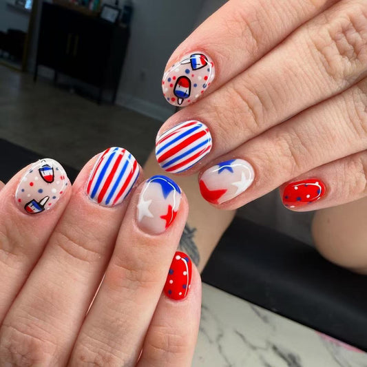 Patriotic Elegance Short Squoval Red and Blue Glossy Nail Set with Unique Star and Stripe Patterns