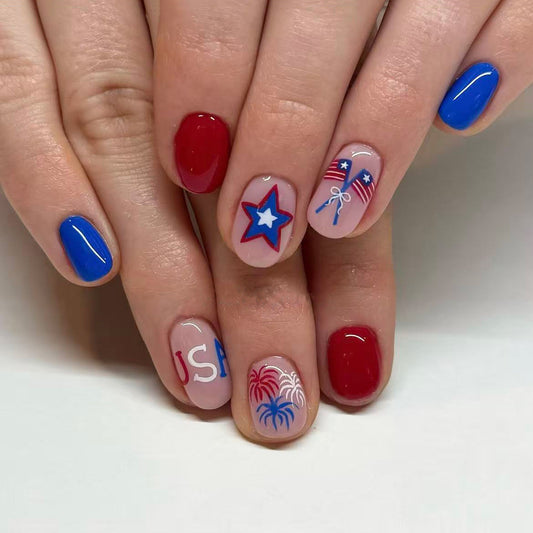 Patriotic Celebration Short Oval Red Blue Glitter Press-On Nail Set
