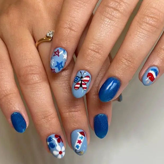 Patriotic Paradise Medium Oval Blue Glitter Butterflies and Stars Press On Nail Set