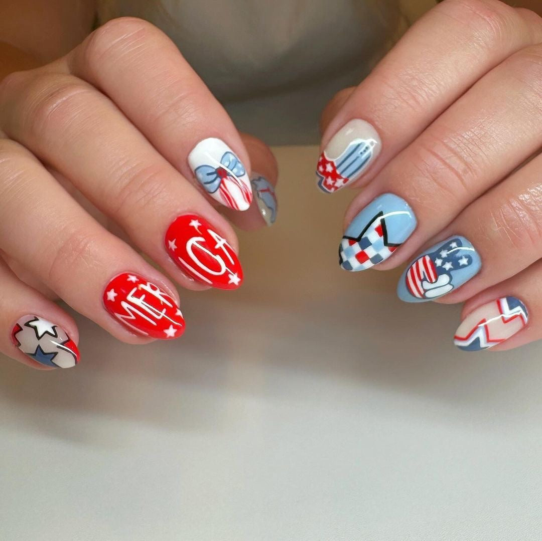 Patriotic Glamour Medium Stylish Almond Shaped Red and Blue Press On Nail Set with Unique Star and Stripe Designs