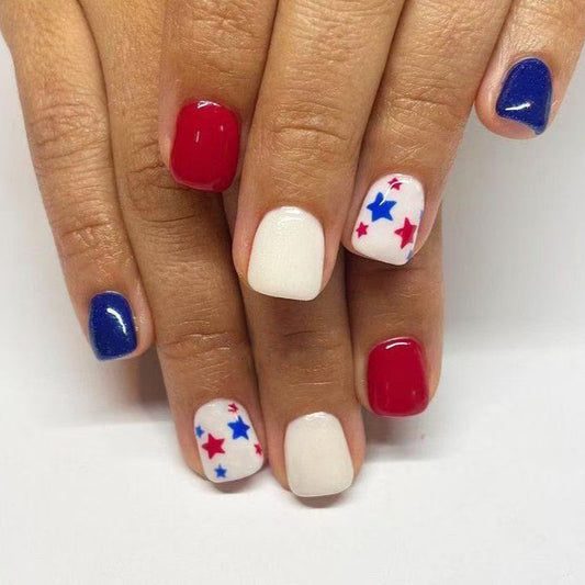Stars and Stripes Celebration Short Square Red White and Blue with Star Pattern Press on Nail Set