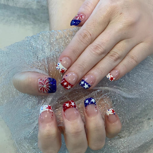 Star-Spangled Perfect Medium Square Nails in Red White and Blue with Festive Firework Design