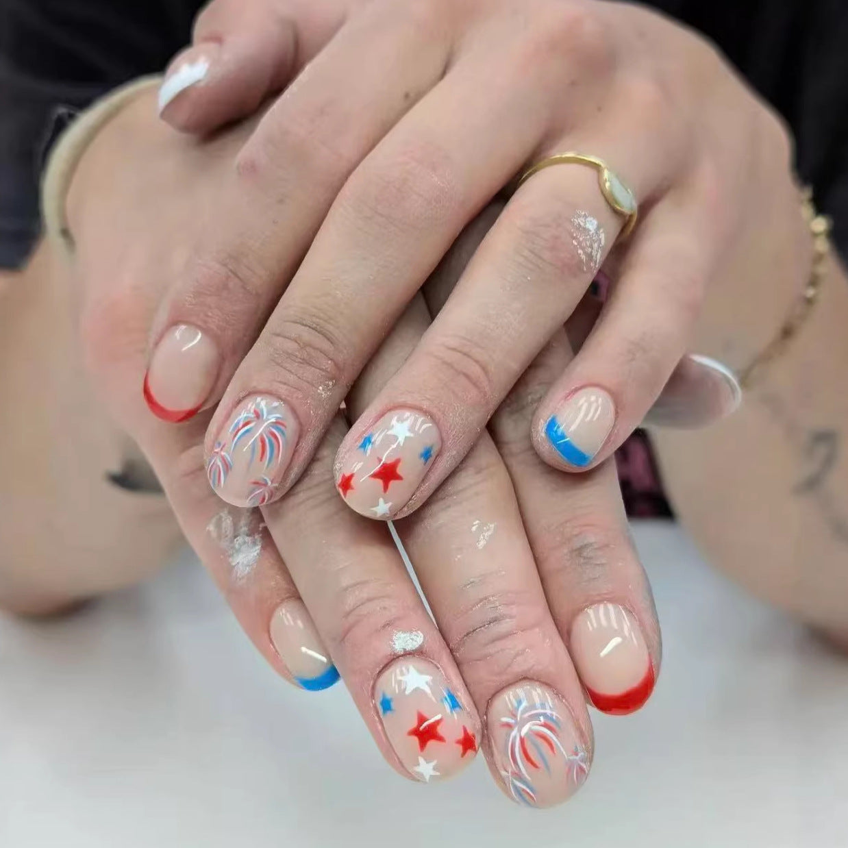 Patriotic Charm Medium Squoval Colorful Red White and Blue Nail Set with Festive Star and Firework Design
