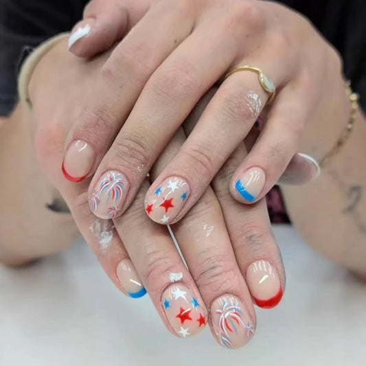 Patriotic Charm Medium Squoval Colorful Red White and Blue Nail Set with Festive Star and Firework Design