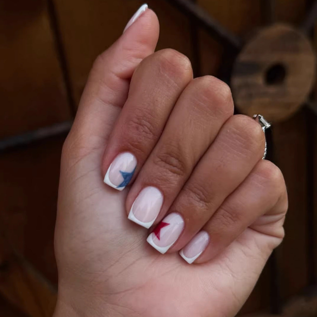Starry Night Elegant Short Square White and Colorful Tip Press On Nail Set with Unique Design